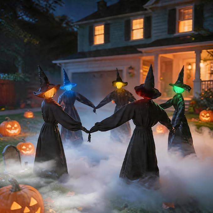 Halloween Decorations Outdoor - 5 Pack 4.3 FT Light Up Holding Hands Witches with Color Changing Glowing Faces - Halloween Witch Decor with Stake for Yard Lawn Garden Porch Haunted House Decor