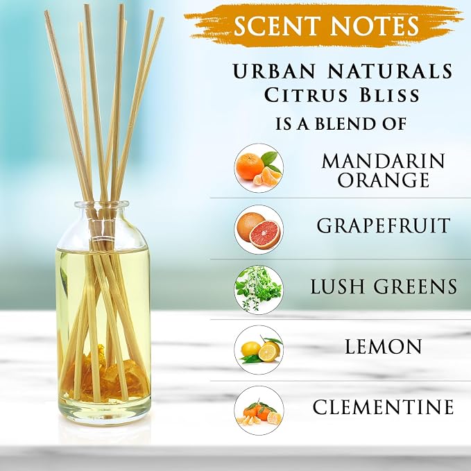 Urban Naturals Reed Diffuser Set, Citrus Bliss - Bathroom Shelf Décor | Mandarin Orange & Grapefruit with Real Orange, Fresh Home Fragrance