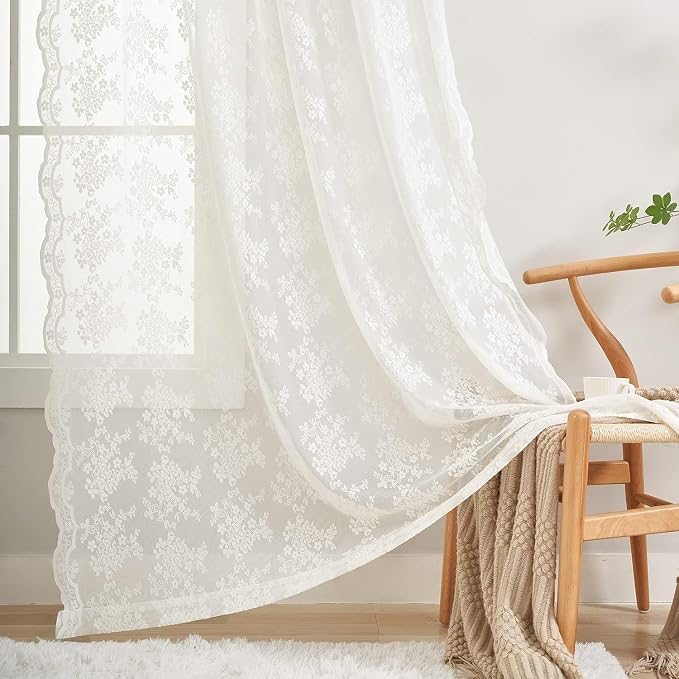 YJ YANJUN Vintage Lace Curtains 94 Inches Long- Antique Flowers Ivory Sheer Curtain Panels for Living Room Bedroom French Door, Light Filtering Drapes, 2 Panels 52W x 94L Cream