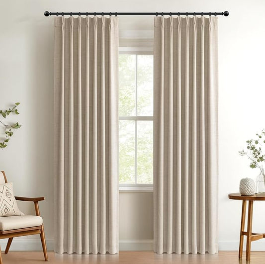 100% Blackout Shield Linen Look Textured Pinch Pleated Curtains Blackout Drapes 80 Inch Long 2 Panels Set, Faux Linen Blackout Curtains for Bedroom & Living Room, 40" W x 80" L, Oatmeal