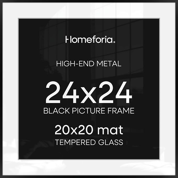 Homeforia 24x24 Picture Frame Black, High End Metal 24 x 24 Large Square Poster Frame Matted to 20 x 20 in Photo, 24by24 Thin Black Frames with Mat 20x20 inch Print, Tempered Glass, Wall Kit, Set of 1