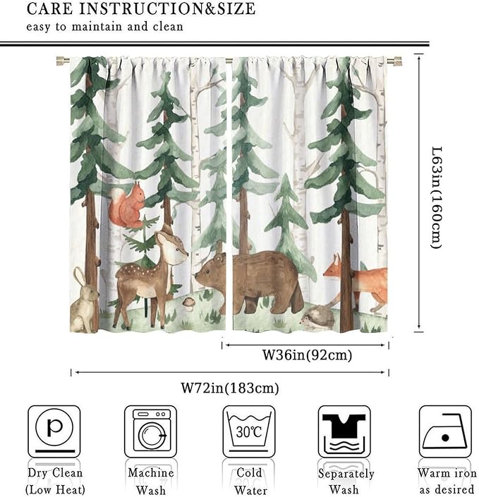 Forest Nursery Curtains - Woodland Bear & Wildlife Theme, Blackout 72x63 Inch 2 Panels