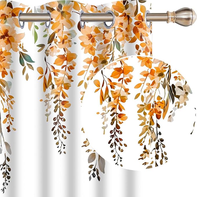 Orange Watercolor Floral Curtains 84 inches Long, Botanical Leaves Vine Flowers Rustic Farmhouse Curtains, Blackout Window Treatment Drapes for Bedroom Living Room 52x84inch, 2 Panels