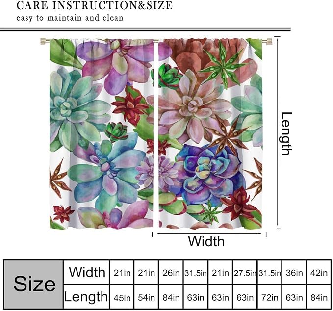 Succulents Tropical Plant Curtain Floral Boho Watercolor Summer Desert Botanical Vintage Garden for Home Kitchen Livingroom Coffee Room Window Drapes 2Panel 63" W X 63" L