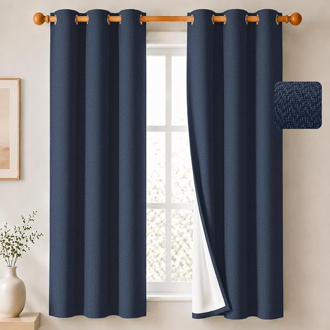 2 Panels 100% Blackout Linen-Textured Curtains, Thick Thermal Insulated Grommet Drapes with Subtle Herringbone Weave, Luxury Decor for Bedroom/Living Room, 37 x 63 Inches, Navy