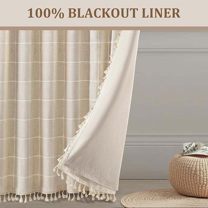 Boho Blackout White Plaid Curtains 63 Inch Beige Linen Blend Drapes with Tassels 2 Panels, Cotton Embroidered Farmhouse Curtains for Living Room Bedroom Rustic Vintage Decor