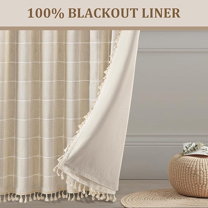 Boho Blackout White Plaid Curtains 90 Inch Beige Linen Blend Drapes with Tassels 2 Panels, Cotton Embroidered Farmhouse Curtains for Living Room Bedroom Rustic Vintage Decor