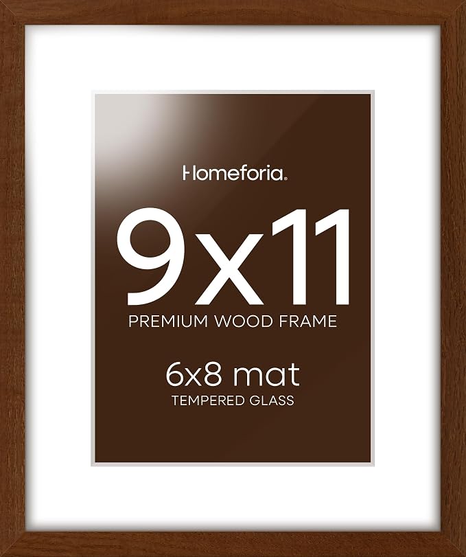 Homeforia 9x11 Picture Frame Brown, High End Dark Oak 9 x 11 Walnut Wooden Frames with Mat 6 by 8 Photo, 11x9 Wood Frame Matted to 6x8 Print, Wall or Tabletop Frame, Tempered Glass, Wall Kit, Set of 1