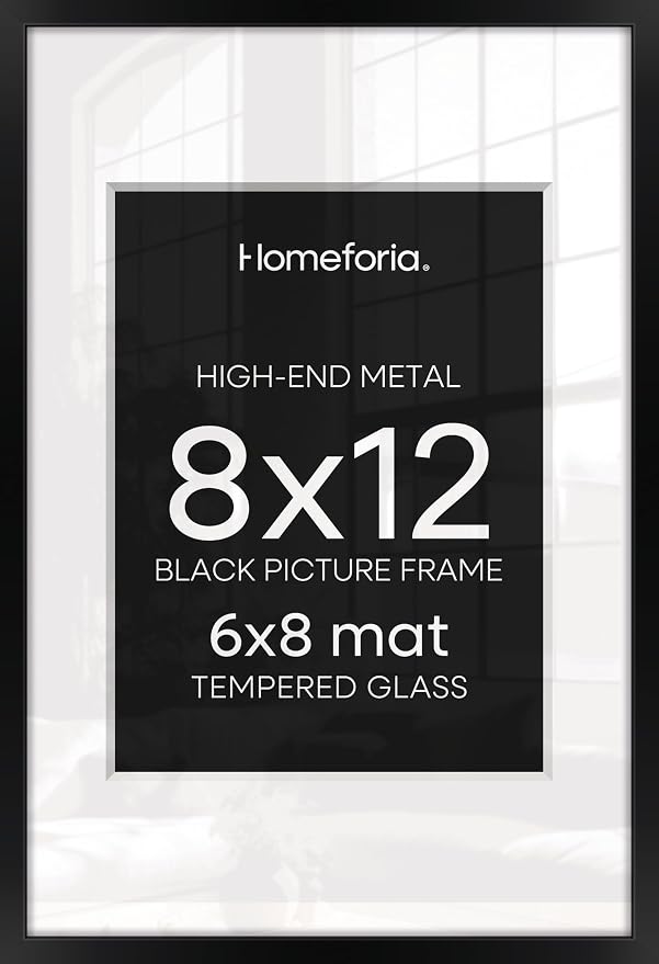 Homeforia 8x12 Picture Frame Black, High End Metal 8 x 12 Poster Frames with Mat 6 by 8 for Photo, 12x8 Frame Matted to 6x8 inch Print, 8by12 Wall or Tabletop Frame, Tempered Glass, Wall Kit, Set of 2