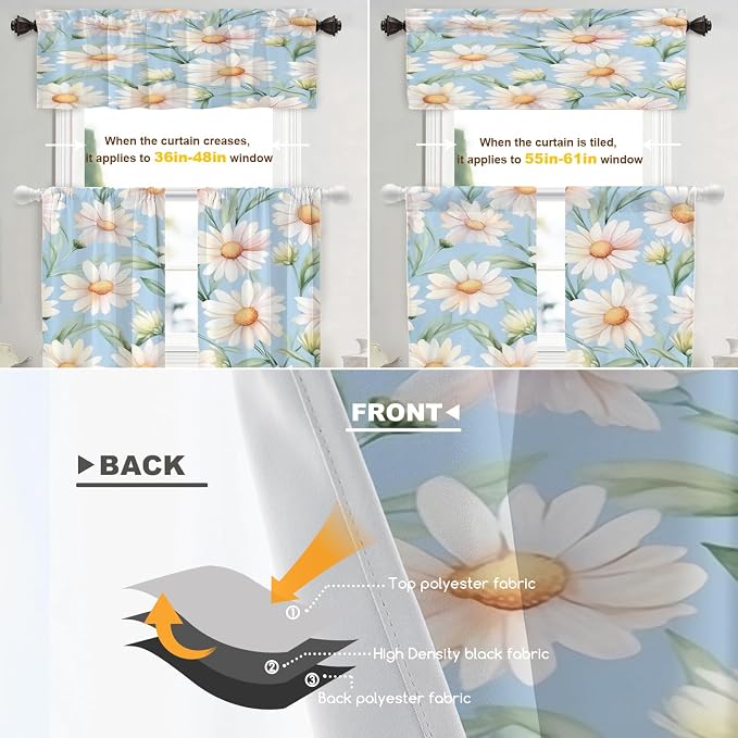 Shrahala Daisies Leaves Blackout Curtain Tiers, White Daisies On Blue Kitchen Valance Light Blocking Tier Drapes with Rod Pocket, 2 Pack 26 X 36 in