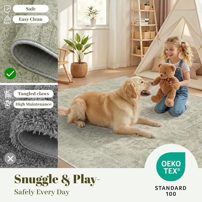 Homemate Washable Rug 5x7 Area Rugs - Vintage Faux Wool Rugs for Living Room Bedroom Dining Room - Non Slip Foldable Carpet Indoor Area Rug for Home Decor（5'x7', Green