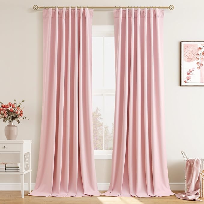Joywell 100% Blackout Linen Curtains 108 Inch Long for Girls Bedroom Nursery Large Window Pink Black Out Curtain Back Tab Rod Pocket Thermal Insulated Drapes for Kids Room 2 Panels,52 x 108