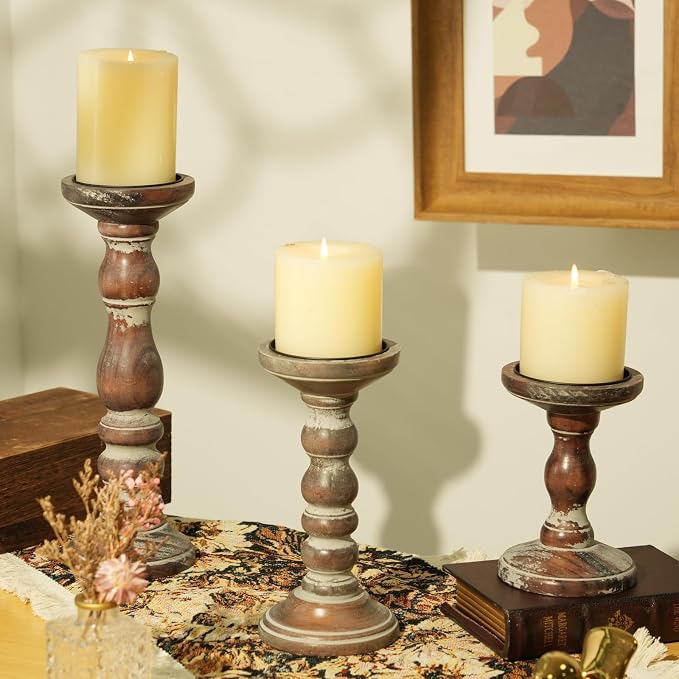 Wooden Pillar Candle Holder: Rustic Brown Candle Stand Wood Distressed Candleholders Farmhouse Fall Decor for Christmas Fireplace Mantle Dining Table Living Room Shelf Set of 3