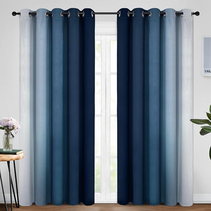 Yakamok Ombre Curtains Blue and Greyish White for Living Room,62Wx96L | Room Darkening Curtains 96,Thermal Insulated Gradient Color Drape,Light Blocking Grommet Window Curtains for Bedroom,2 Panels