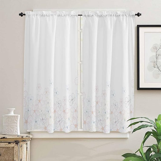 Kitchen Tier Curtains 63 inches Length, Line Cherry Blossom Design Simple Flower Window Curtains for Living Room Bath Cafe,Rod Pocket Light Filtering Drapes Short Half Window Treatment Tiers 2 Panels