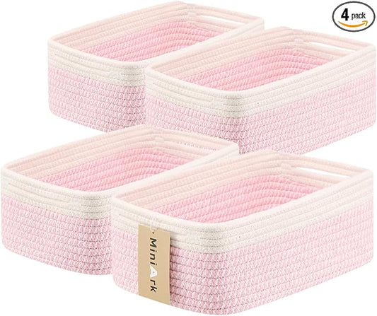 MiniArk Small Storage Baskets for Organizing | Closet Organizer Bins | Shelf Toy Basket | Woven Rope Baskets | Cube Decorative Box | Shallow Basket | 13x8.5x5.1” | 4 Packs White Pink