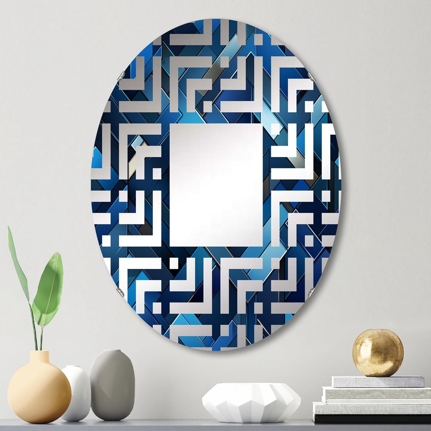 Symmetric Cubes in Deep Cobalt Blue - Geometric Maze - 20x30 Inches - Oval Decorative Wall Mirror for Bathroom, Bedroom, Entryway, Living Room, Vanity Room and Modern Décor