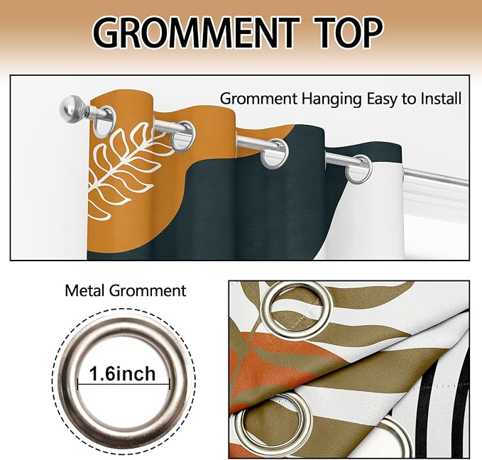 Boho Tropical Window Drapes, Mid Century Blackout Curtain Leaves Abstract Aesthetic Art Darkening Thermal Insulated Grommet Window Curtain for Living Room Bedroom Decor 2 Panels 52"x84" Inches