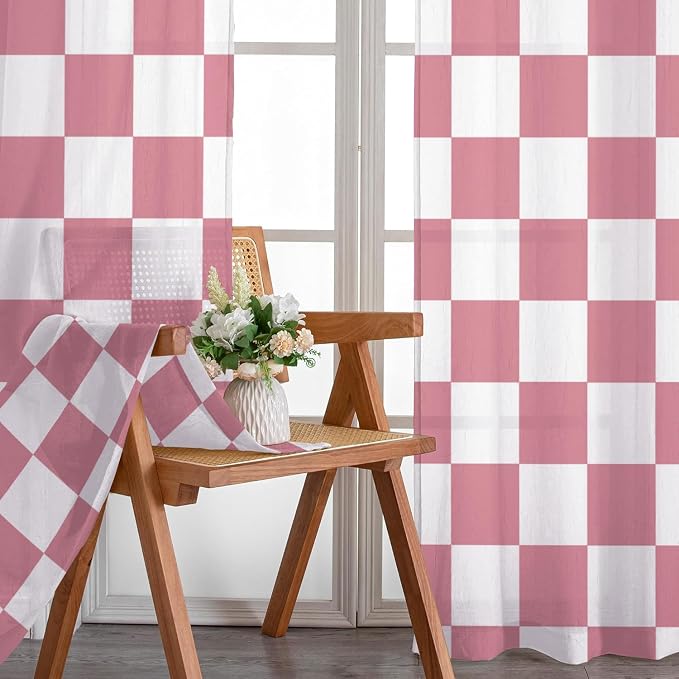 Pink Checkered Curtains for Bedroom,Rod Pocket Pink and White Semi Sheer Curtains Farmhouse Retro Checkerboard Light Filtering Drapes for Living Room,Set of 2 Window Curtain Panels,52 x 84 Inch