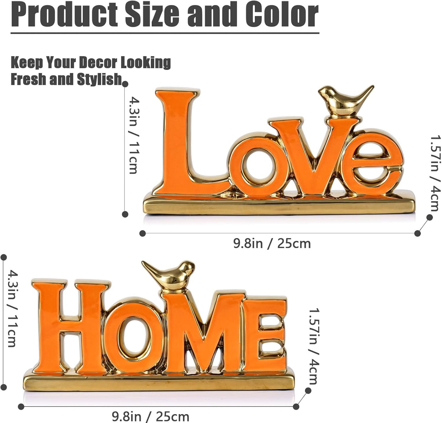 Love Sign Decoration - Orange & Gold Signs for Home Decor, Personalized Love Decor with Gold Bird Sculpture (2 Pcs)