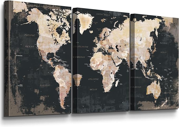 Office Wall Art for Living Room Bedroom Framed Black Vintage World Map | Large Pictures Wall Decor for Mens Male Home Apartment Masculine Decoration Motivational Artwork