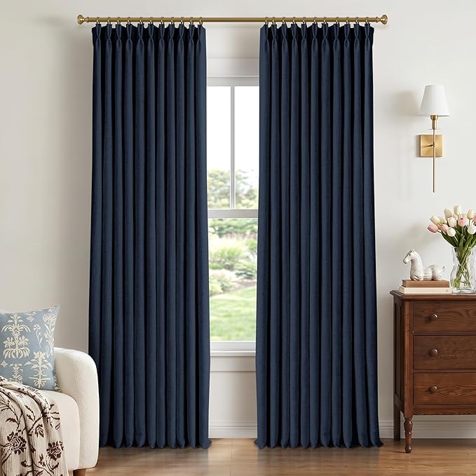 CAPALOCA Pinch Pleated Curtains Blackout, Linen Blackout Curtains 96 inches Long 2 Panels Set for Bedroom, Thermal Insulated Pinch Pleated Drapes for Living Room, 40" W x 96" L (Pack of 2), Navy Blue
