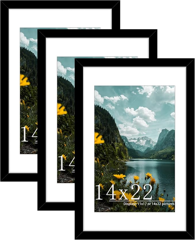 Picrit 14x22 Picture Frame 3 Pack, Black Poster Frame, Display Poster 11 x 17 with Mat or 14 x 22 without Mat for Horizontal or Vertical Wall Mounting