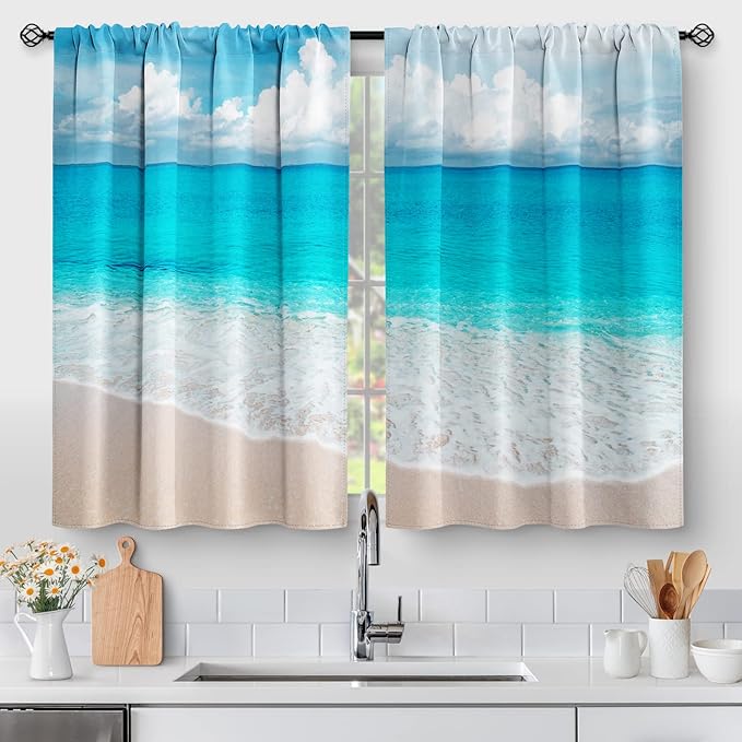 Beach Ocean Kitchen Curtains - Blue Sea Theme Short Cafe Curtains Decor for Living Dining Room Tier Curtains for Bathroom Rustic Country Room Darkening Rod Pocket Window Drapes 2 Panels set 28"x45"