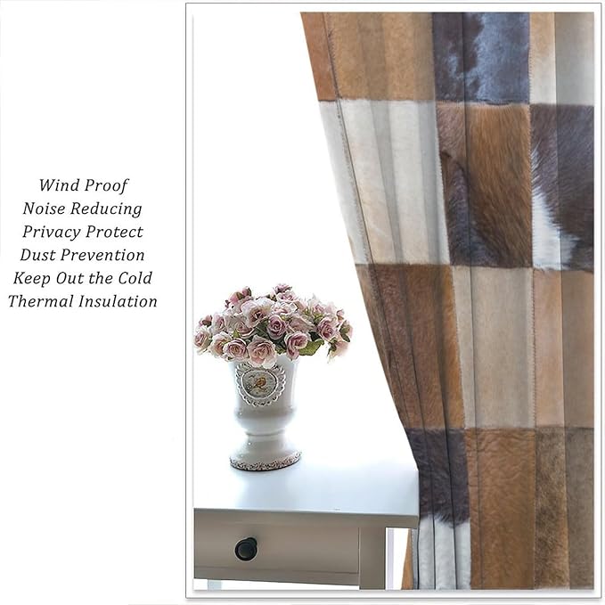 Cowhide Blackout Curtain, Retro Animal Spotted Brown Cow Texture Print Curtains Rod Pocket Window Treatments 2 Panels Drapes for Nursery Bedroom Living Room Kitchen Decor 42" W X 63" L