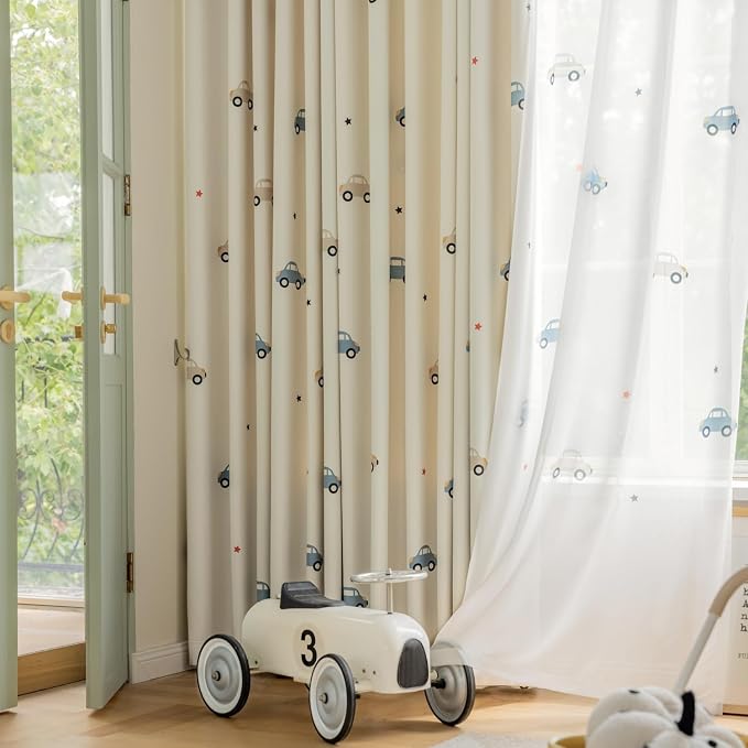 Cartoon Car Pattern Printed Semi Blackout Curtains for Bedroom Living Room | Cute Car Room Darkening Privacy Drapes for Playrooms Light Blocking Window Tratement Grommet Top 1 Panel W52 L63 Inch