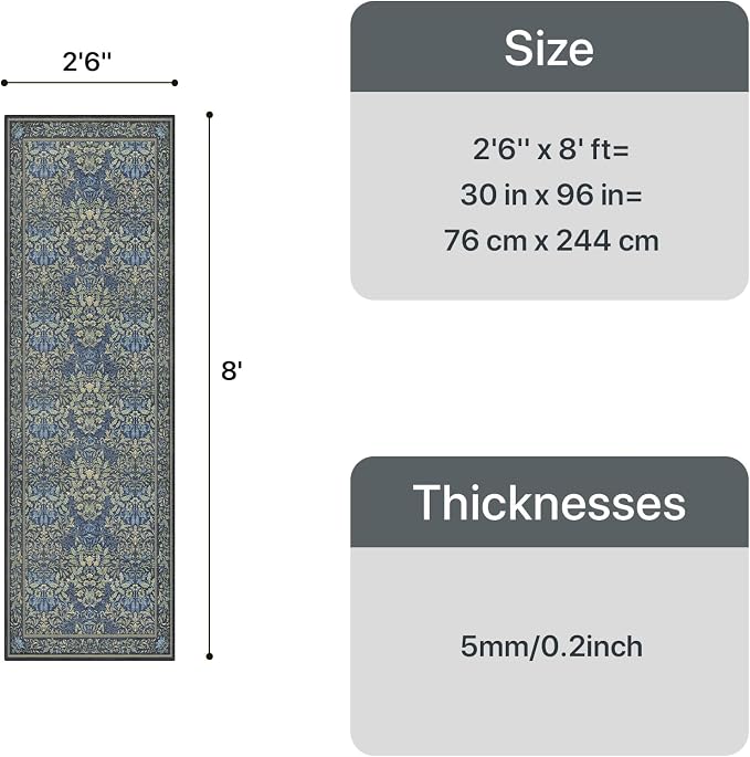 GENIMO 2.5x8 Washable Hallway Runner Rug, Non Slip, Dark Blue | Vintage Boho Floral Low Pile Thin Mat for Entryway, Kitchen, Bedroom, Indoor Decor