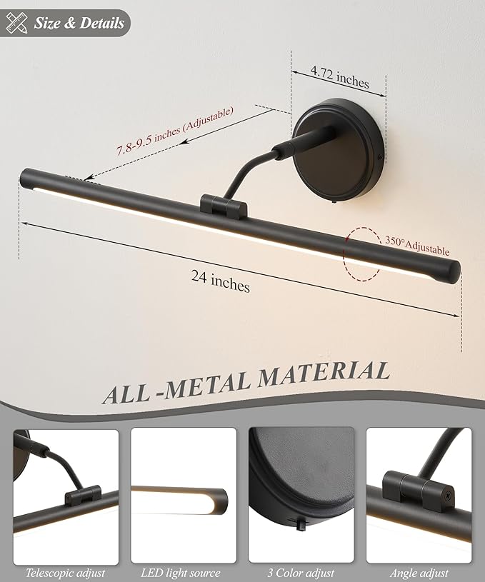Hardwired Picture Lights For Wall, Led Art Light For Painting,Modern Metal Picture Frame Light ,Dimmable Poster Gallery Painting Bookshelf Portrait Lights For Pictures On Wall 8W 3CCT (Black, 24in)