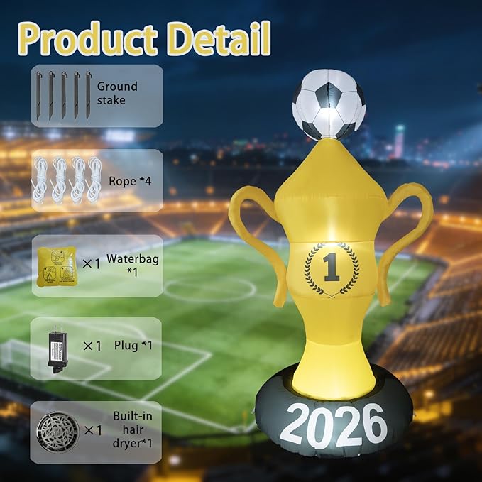 7FT World Soccer Inflatables – 2026 World Champion Outdoor Blow up Decorations with Built-in LED Lights for Yard Party Lawn Decor/Birthday Themed Supplies for Fans,2026 World Soccer Decor