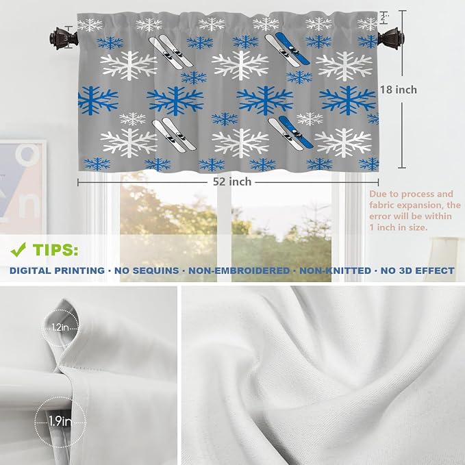 Shrahala Snowflakes Skis Blackout Short Curtains for Windows, Winter Sports Themed Pattern Kitchen Valance Thermal Insulated Rod Pocket Window Treatment for Bathroom 52 X 18 in
