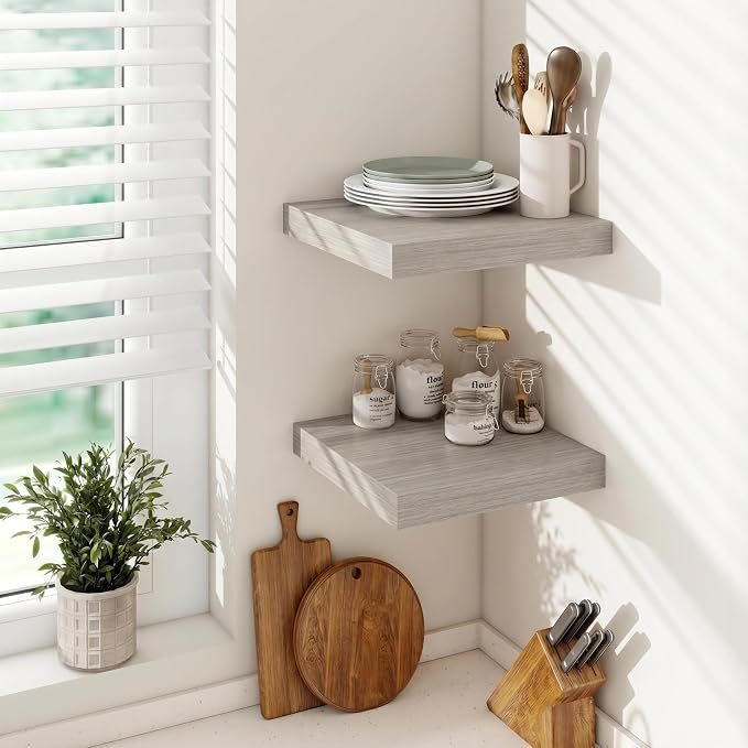 Vivelove 12" Deep Floating Shelves for Wall 12x12 Long, Wall Shelves for Bedroom Living Room Bathroom Kitchen Laundry Room, Farmhouse Rustic Shelves for Home Decor, 12" X 12" X 2" Set of 2, Grey