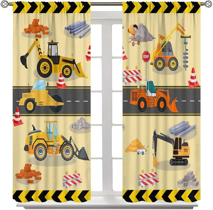 Excavator Truck Blackout Curtain,Kids Boys Cartoon Car Construction Equipment Vehicles Curtains for Dining Room Living Room Kitchen Cafe Bedroom Office Drapes,63x72 in