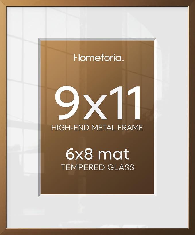 Homeforia 9x11 Frame Bronze, High End Metal 9 x 11 Brass Picture Frames with Mat for 6 by 8 in Photo, 9by11 Poster Frame Matted to 6x8, 11x9 Wall or Tabletop Frames, Tempered Glass, Wall Kit, Set of 1