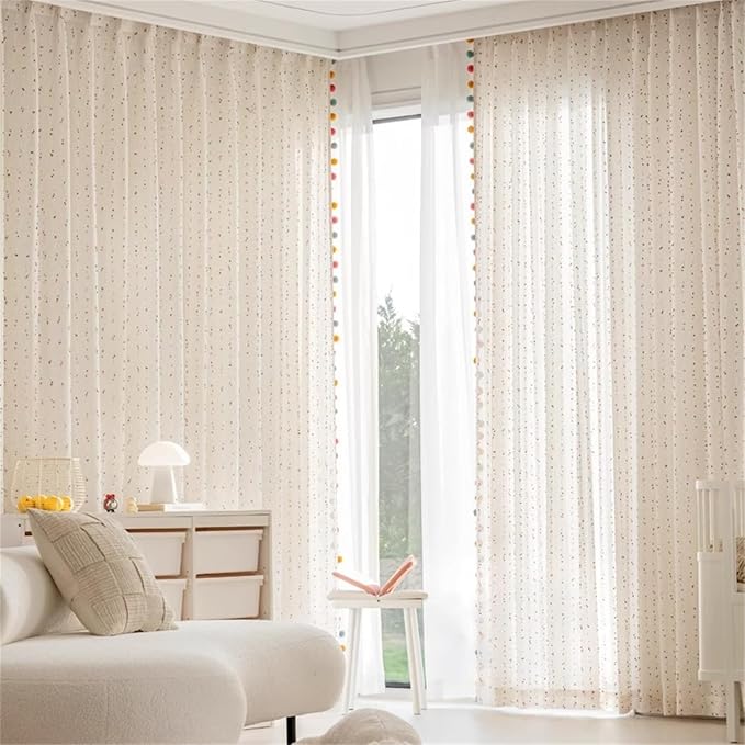 Boho Rainbow Sheer Curtain with Colorful Pom Pom Voile Drapes Faux Linen | Light Filtering Stripe Pompom Rod Pocket Window Drapes for playroom Bedroom/living room 2panels (W52 X L84 Inch-2PCS,White)