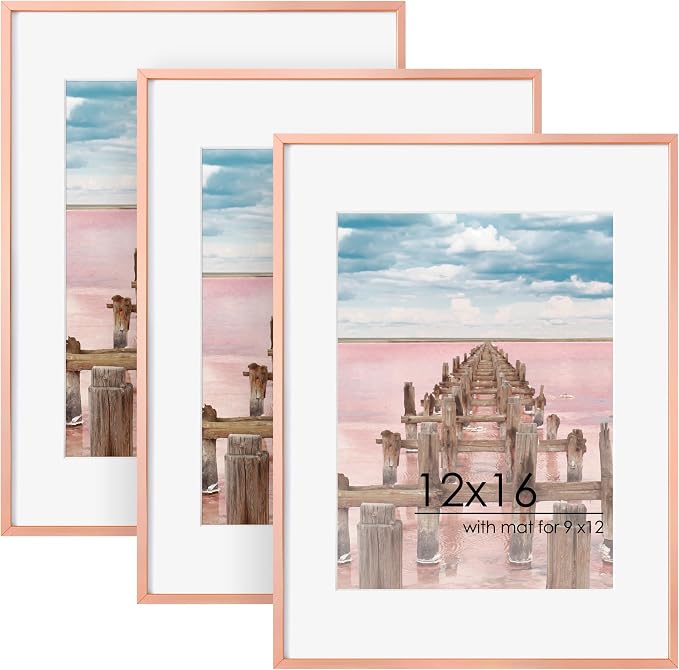 FLYJOE 12x16 Metal Picture Frame for Wall With Mat for 9x12, 12''x16'' Aluminum Certificate Document Frames With Plexiglass, Minimalist Poster Frame Horizontally Vertically Set of 3, Rose Gold