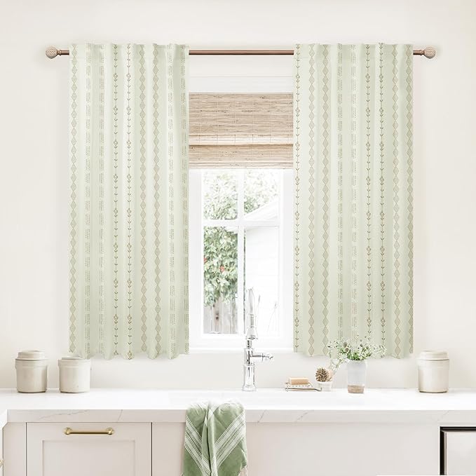 Lino Rosa Short Curtains for Windows, 45 Inch Boho Farmhouse Floral Pattern Thermal Insulated Drapes for Bedroom Kitchen, Cream and Tan Beige