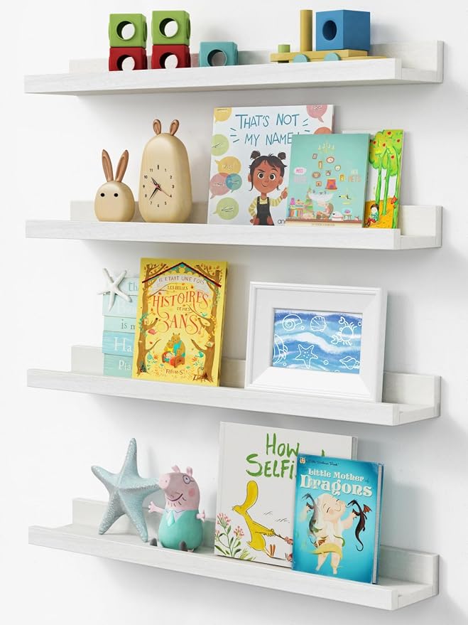 Forbena 24" Floating Nursery Book Shelves for Wall Set of 4 | Solid Wood | Lip Desigh | Wall Bookshelf for Kids Room Toddler Bedroom