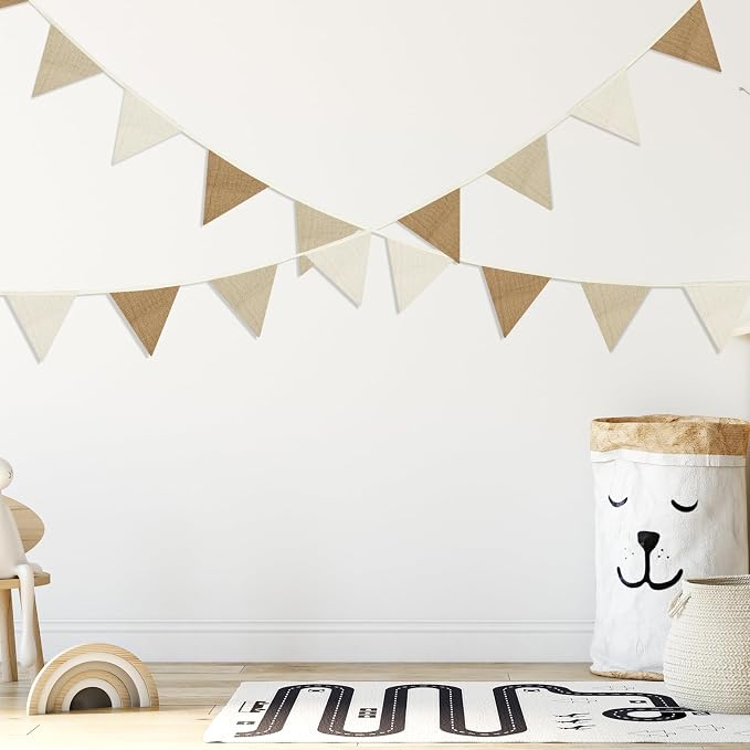 Oudain 2 Pcs Pennant Banner Flags Nursery Garland Triangle Bunting Flags Playroom Wall Decor Banner for Nursery Baby Shower Birthday Boho Wedding Party Event, Each 7.75 ft(Simple Color)