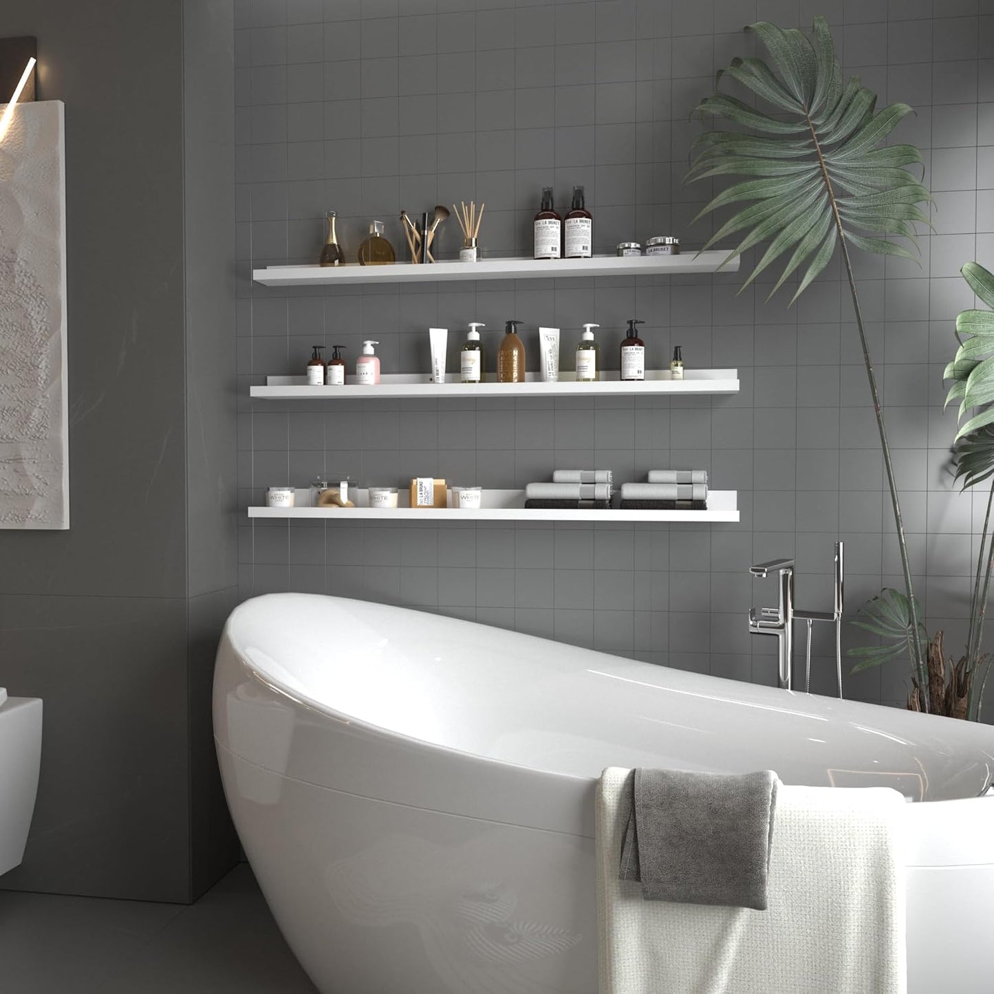 Giftgarden 47 Inch White Floating Shelves for Wall Mount, Modern Long Wood Wall Shelf Ledge for Bathroom Bedroom Living Room Kitchen Nursery Storage, Set of 3 Different Sizes