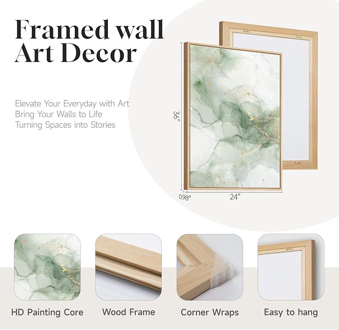 Framed Sage Green Abstract Wall Art for Living Room, Large Set of 2 Green Gold Canvas Artwork for Walls, Minimalist Modern Paintings Print Wall Decor for Bedroom Dining Room Office Hallway, 24x36 Inch