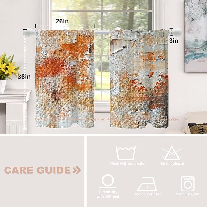 Shrahala Brushstrokes of Paint Blackout Curtain Tiers, Orange Grey Canvas Texture Kitchen Valance Light Blocking Tier Drapes with Rod Pocket, 2 Pack 26 X 36 in