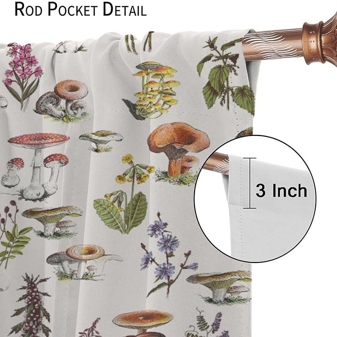 Vintage Botanical Curtains, Rustic Plants Herbs Mushroom Nature Wildflower Print Blackout Window Treatments for Living Room Bedroom Kitchen 72x63in