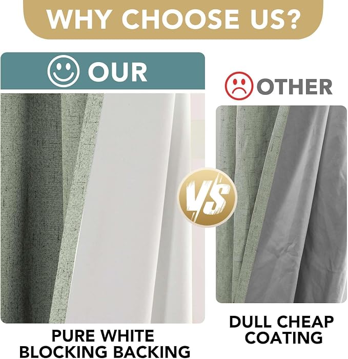 H.VERSAILTEX Linen Curtains 100% Blackout Curtains for Bedroom 90 inch Long Full Light Blocking Nature Linen Blended Window Curtains for Living Room Nickel Grommet (2 Panels, Sage)