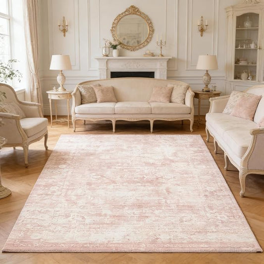 Homemate Washable Rug 5x7 Area Rugs - Vintage Faux Wool Rugs for Living Room Bedroom Dining Room - Non Slip Foldable Carpet Indoor Area Rug for Home Decor（5'x7', Pink