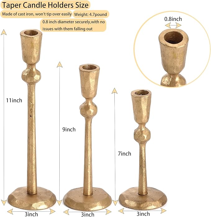 Gold Taper Candle Holders Set of 3, Heavy Candlestick Holders Decorative Candle Stand for Table Centerpiece, Cast Iron Candle Stick Holder Decor