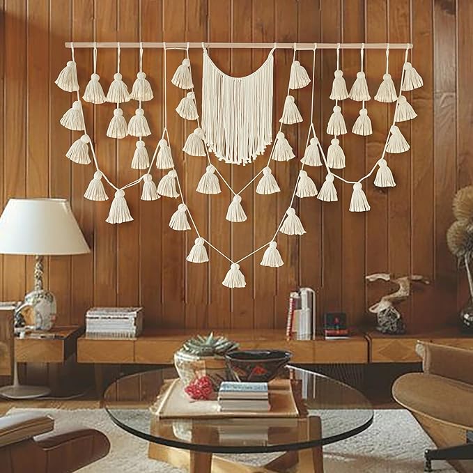 Jakalin Macrame Wall Hanging Boho Tassel Garland 57"x39" | Handmade Cotton Rope Wall Decor for Living Room, Bedroom, Nursery | Large Macrame Banner for Wedding Backdrop, Home Decoration